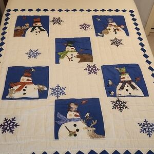 Quilted Snowman Panel Throw in Blue & White